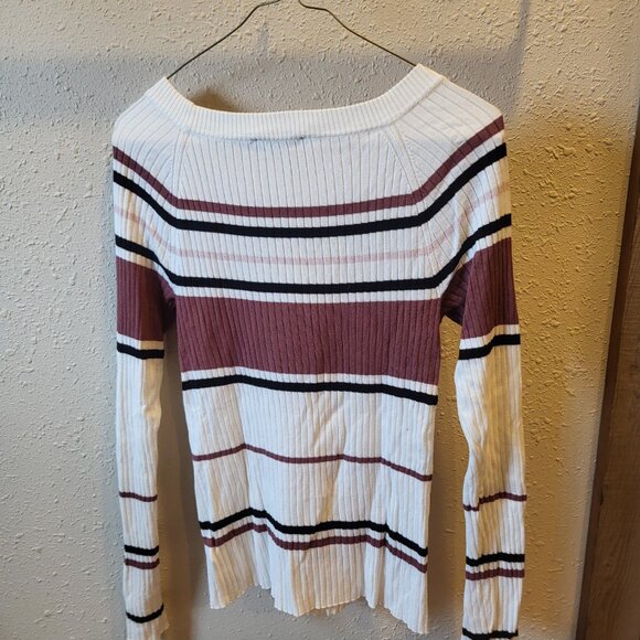 Women's Express long sleeve striped, white/black/mauve, pullover sweater. Medium - Picture 5 of 9